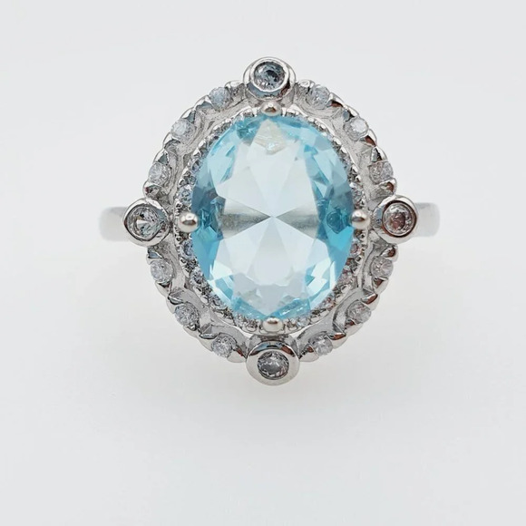 925 Silver Plated Sea Blue Oval Shaped CZ Ring for Women, FB16FA1034 - Picture 4 of 7